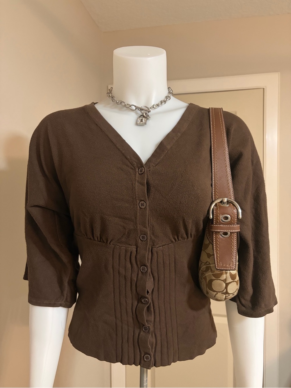 Dalia Brown Button-Front V-Neck Knit Cardigan